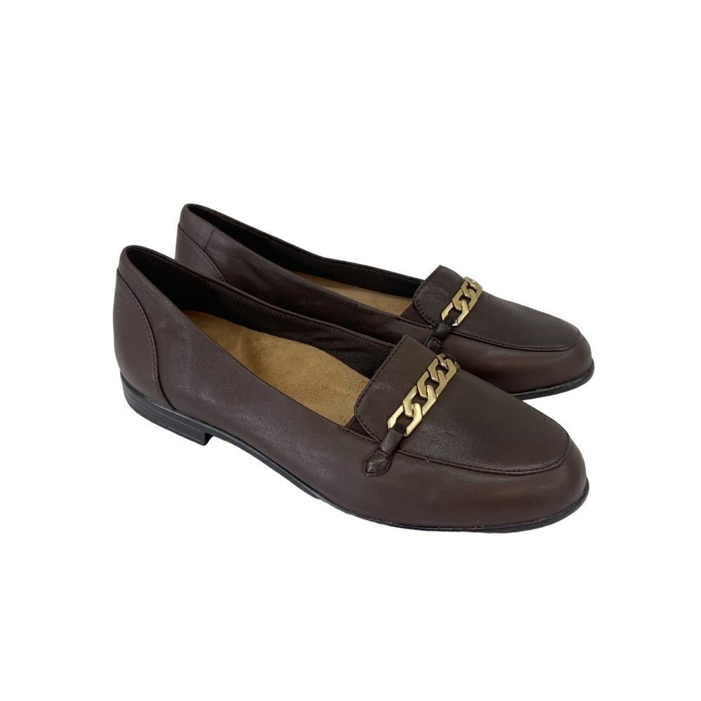 Trotters Brown Leather Loafers with Gold Chain Accent